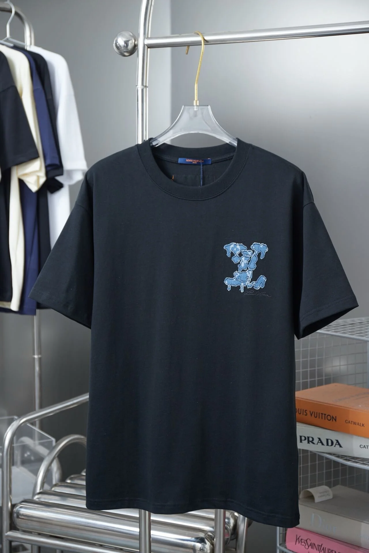 Embroidered Denim Patchwork T Shirt